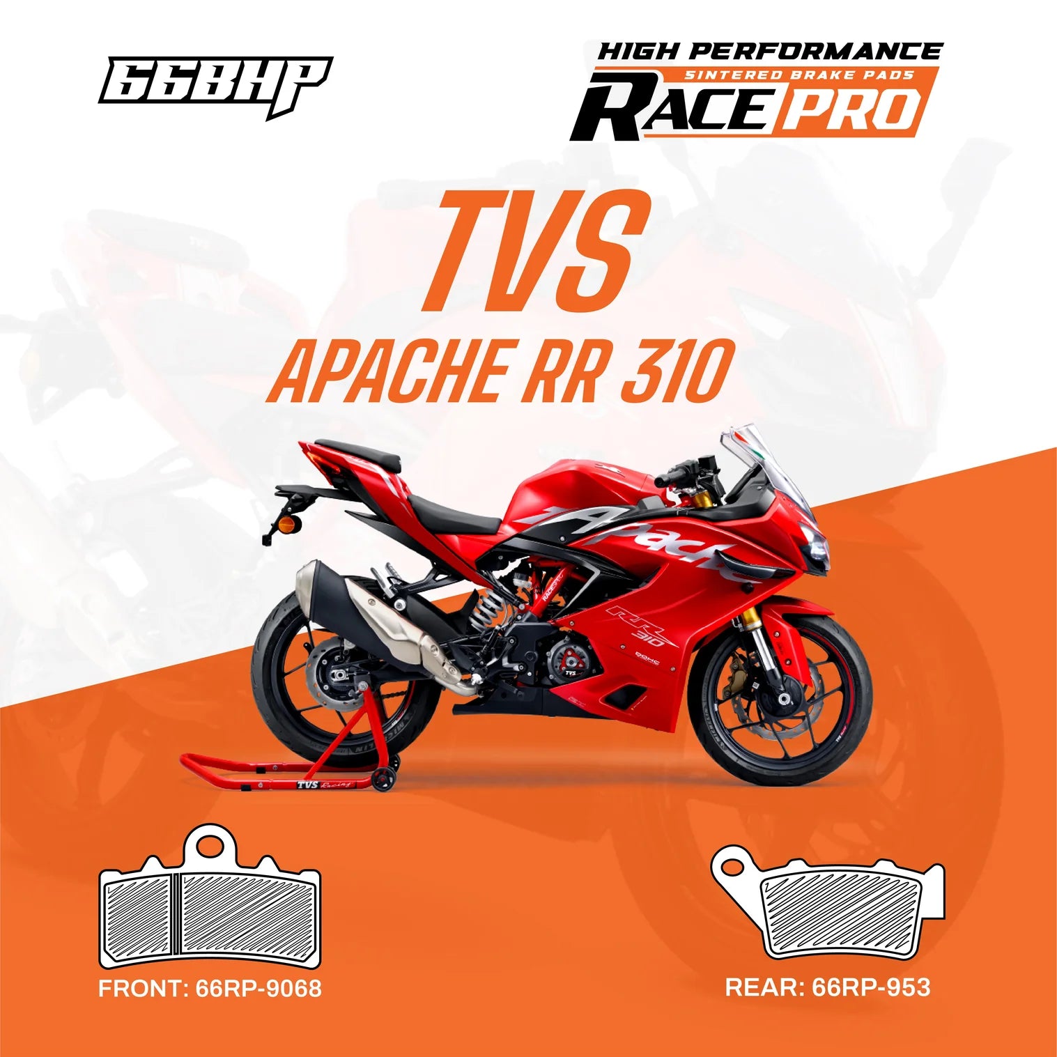 66BHP Race Pro Sintered Brake Pads for TVS Apache RR 310