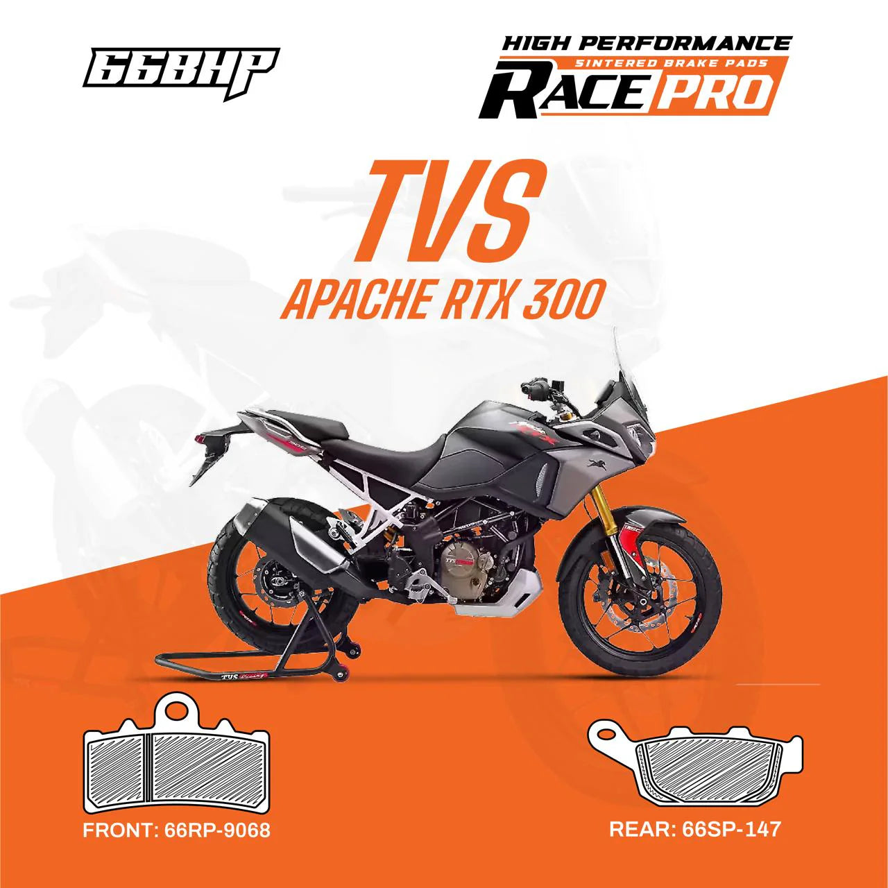 66BHP Race Pro Sintered Brake Pads for TVS Apache RTX 300 | Front & Rear