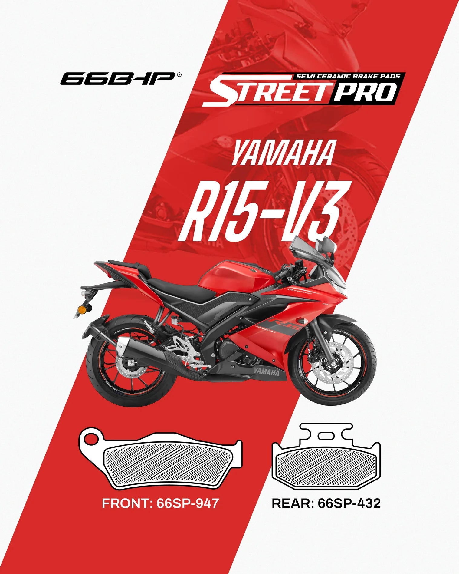 66BHP Street Pro Semi-Ceramic Brake Pads for Yamaha R15 V2 / V3 / V4 | Blink2bike