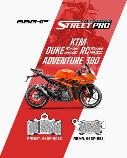 66BHP Race Pro ceramics Brake Pads for KTM Duke & RC 125 / 200 / 250 / 390 (Front 9068 / Rear 953)