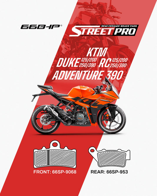 66BHP Race Pro ceramics Brake Pads for KTM Duke & RC 125 / 200 / 250 / 390 (Front 9068 / Rear 953)