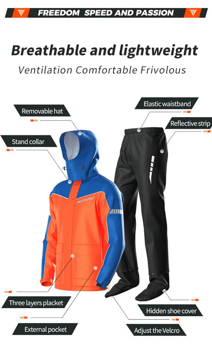 Motowolf Motorcycle Raincoat – Blue & Orange (Model 0403B)